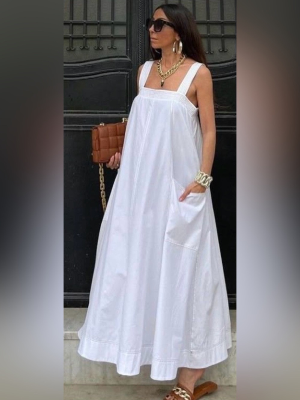 Zara White Topstitched Midi Dress Size XS 100% Cotton Pockets Trapeze⁠
